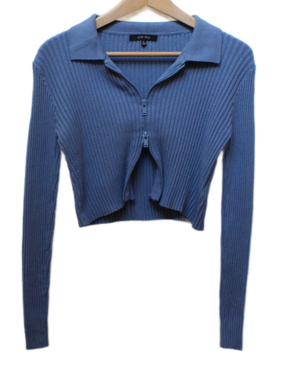 Love Tree Dusty Blue Ribbed Knit Cropped Full-Zip Polo Sweater Top Size M